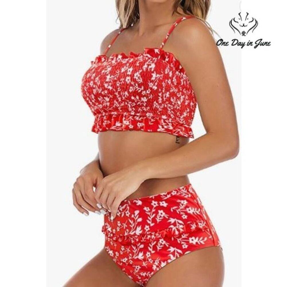 Moshengqi Bandeau Smocked Bikini Swimsuit Size S